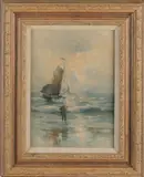 German Grobe, Vissersboot in de branding, Aquarel op papier