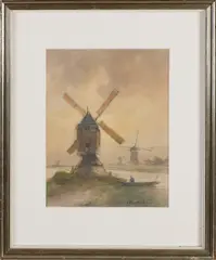 Louis Stutterheim, Poldergezicht met windmolens, Aquarel op papier
