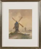 Louis Stutterheim, Poldergezicht met windmolens, Aquarel op papier