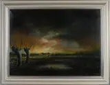 C. van Perle, Landschap met knotwilgen bij avond, Olieverf op linnen
