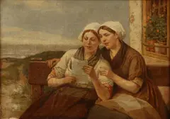 Henri Bource, Twee vissersvrouwen met brief, Olieverf op linnen