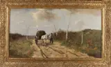 Johan Frederik Scherrewitz, 1868 -, Landschap met zandpad, boer en paardenkar, Olieverf op linnen