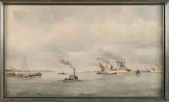 Marinus De Jongere, Rotterdams havengezicht, Aquarel op papier