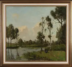 Wetering de Rooy, Landschap met vrouw aan de waterkant, Olieverf op linnen