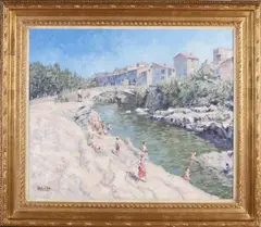 Chris van Dijk, Corbriere, people near the river, Olieverf op paneel