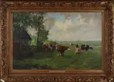 Willem Heinecke, Hollands landschap met koeien en melkende boer, Olieverf op linnen
