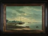 H.J. van Wijngaarden, Schepen op de IJssel bij avondlicht, Olieverf op linnen