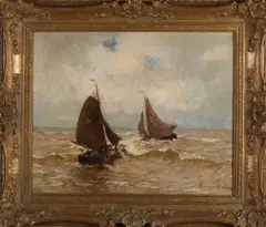 German Grobe, Katwijkse vissersboten op volle zee, Olieverf op linnen