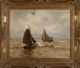 German Grobe, Katwijkse vissersboten op volle zee, Olieverf op linnen