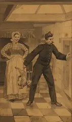 Johan Braakensiek, Soldaat gooit hond uit de keuken, Sepia op papier