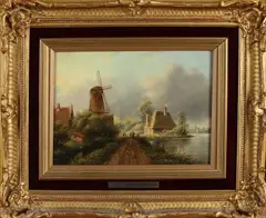 M. Vermeulen, Hollands rivierlandschap met vissers, Olieverf op paneel