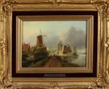 M. Vermeulen, Hollands rivierlandschap met vissers, Olieverf op paneel