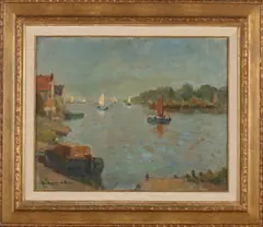 Wetering de Rooy, Holland riviergezicht met boten, Olieverf op linnen