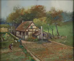 Hans Wacker, Vakwerk boerderij, Olieverf op paneel
