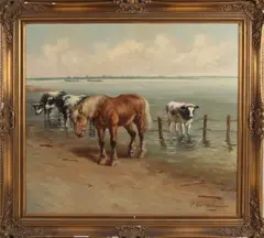 P. Verschuur, Vee langs de rivier, Olieverf op linnen