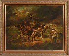 Jacques van Mourik, Landschap met hooiwagen, Olieverf op linnen (op paneel)