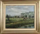 B. v.d. Heyden, Landschap met boerderij en koeien, Olieverf op paneel