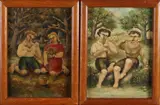 2x Monogram H.v.d. B., Figuren in landschap, Olieverf op paneel
