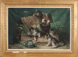 J. Hubert, Stilleven met spelende kittens, Pastel op papier