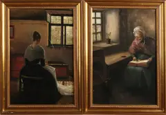 2x Monogram O.L., Interieur met handwerkende vrouw, 1916, Olieverf op linnen