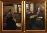 2x Monogram O.L., Interieur met handwerkende vrouw, 1916, Olieverf op linnen