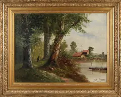 A. Varnet, Landschap met boerderij, bos en sprokkelvrouw, Olieverf op linnen