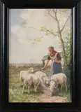 Johannes Karel Leurs, Boerin bij het schapen voederen, Aquarel op papier