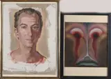 Twee werken van Jan Hoowij, Zelfpotret + bavianenkop, Eén maal zelfportret, ongesigneerd + beschadigd, olieverf