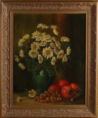 E. Wissmann, Stilleven met bloemen en fruit, Olieverf op linnen