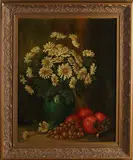 E. Wissmann, Stilleven met bloemen en fruit, Olieverf op linnen