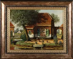 J. Knip, Boerenhuis bij sloot, Olieverf op linnen