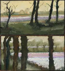 Hollandse bollenvelden by Twee ongesigneerde werken, Olieverf op schilderskarton, offered Oct 2020