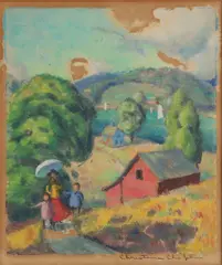 Christine Chaplin, Wandelende figuren in landschap, Lithografie, monotype op papier