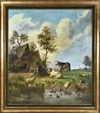 N.M. Wijdoogen, Landschap met vee, boer en boerderij, Olieverf op linnen