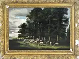 Charles Jacque, Bosgezicht met schapen en herder, Olieverf op linnen