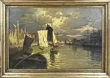 Max Fritz, Noord Duitse haven met schepen, Olieverf op linnen