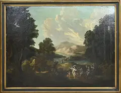 Italiaanse School, Landschap met heilige, engel en volgelingen, Olieverf op linnen + bedoeking