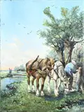 Onduid. gesign., Boer met twee paarden, Olieverf op linnen