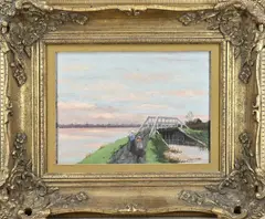 Jacob E. Paans, Landschap met brug en figuren, Olieverf op karton