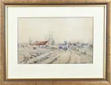 E. Fehdmer, Landschap met boeren volk, Aquarel op papier