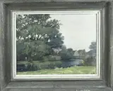 A. Potgieter, Riviergezicht met boerderij, Olieverf op linnen