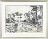 v.d. Wetering de Rooij, Landschap met boerderij, Houtskool op papier