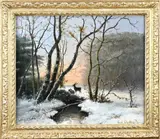 Carl Schultze, Winters landschap met herten, Olieverf op paneel
