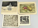 4x H.J. Groen, 2x Aquarel / 2x Ets, Divers, op papier