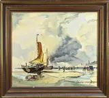 K. Jouvenaart, Strandgezicht met vissersvolk en bomschuiten, Olieverf op linnen