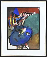 Ongesigneerd, Gezicht met vogel, Olieverf op papier