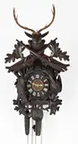 Schwarzwalder koekoeksklok, 1870, Antieke Schwarzwalder koekoeksklok van notenhout, met extra speelwerk en lyra-vormig uurwerk van messing