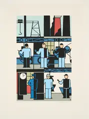 Gerd Arntz, Fabrik, 1927/1984, Farbserigrafie auf leichtem Karton