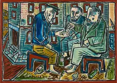 Billy Childish, Ohne Titel (Three Men Sitting), 1990, Mischtechnik auf Leinwand