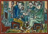Billy Childish, Ohne Titel (Three Men Sitting), 1990, Mischtechnik auf Leinwand